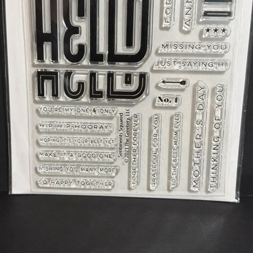 The Greetery Sentiments Squared Stamps happy thanks hello
